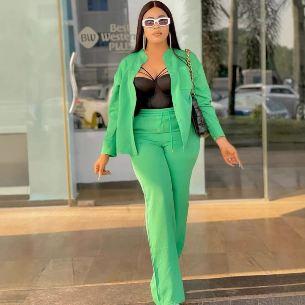 ZARA Women Green Long Sleeve Cardigan Shirt African Casual Style Two Piece Set
